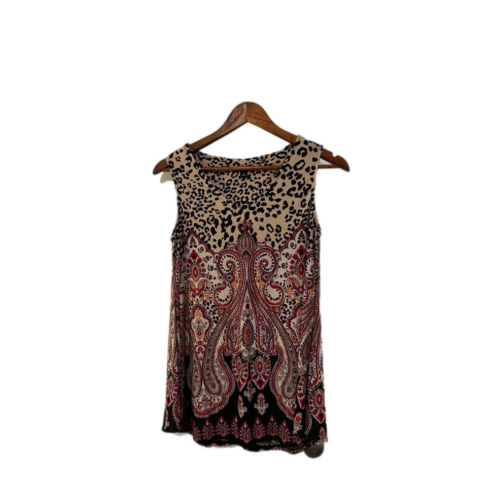 Roz & Ali Mixed Print Tank Top Womens‎ Medium Tan Red Leopard Paisley Excellent